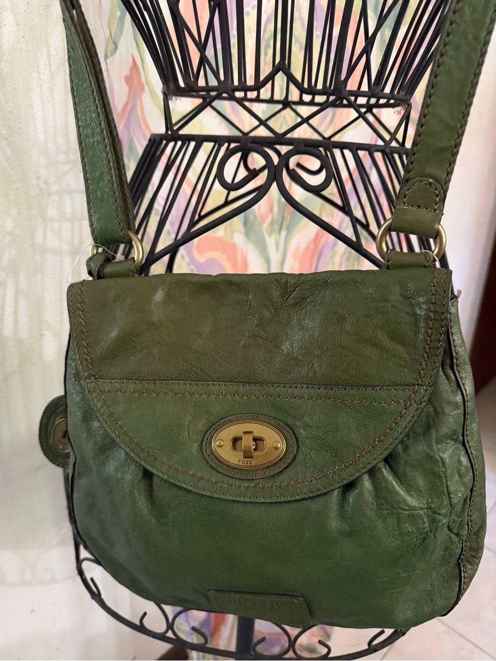 Fossil Olive Green Leather Crossbody with Brass Turn-Lock